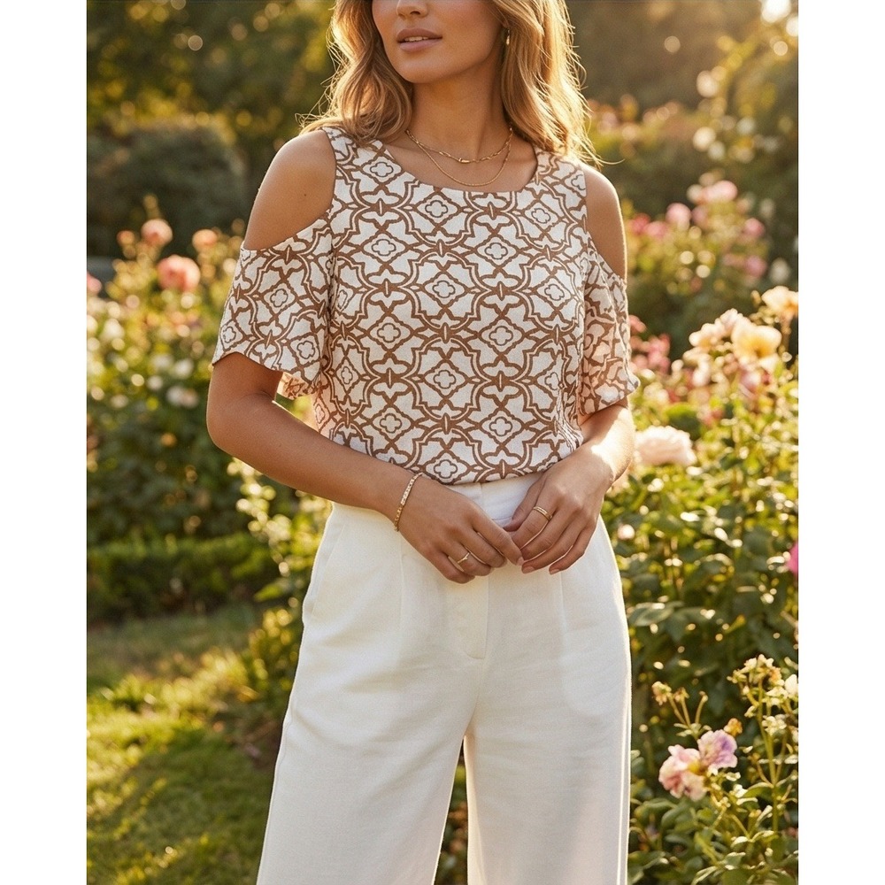 Chico's 2 Cold Shoulder Geometric Tile Print Blouse Brown‎ White Stretch Top